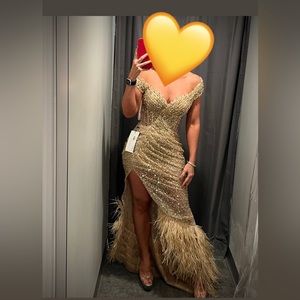 Portia and Scarlett Gold Formal Feathers Gown Dress